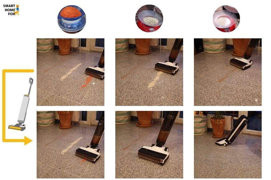 Man sieht, wie der Tineco Floor One S5 Combo trockene Verschmutzungen von einem Fliesenboden entfernt.